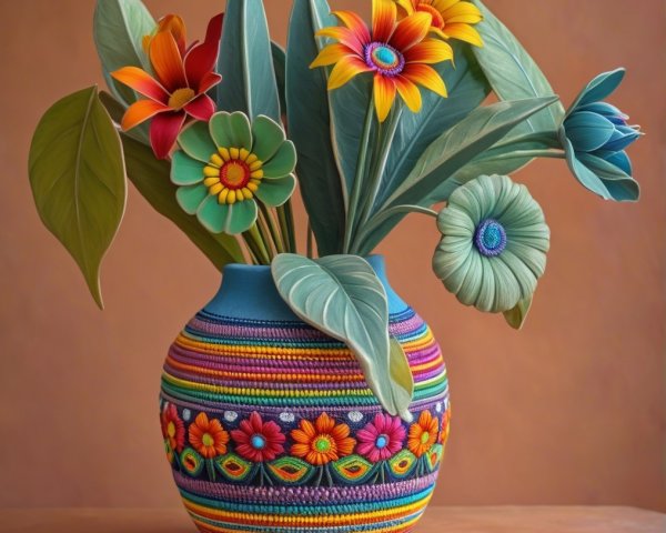 Ceramic Vase with Colorful Flowers on Wooden Surface