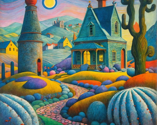Whimsical Landscape with Vibrant Colors and Hills