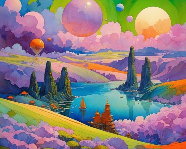 Surreal Landscape with Rocky Formations and Lake