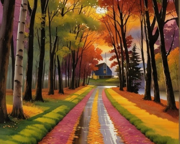 Autumn Pathway Surrounded by Colorful Trees and House