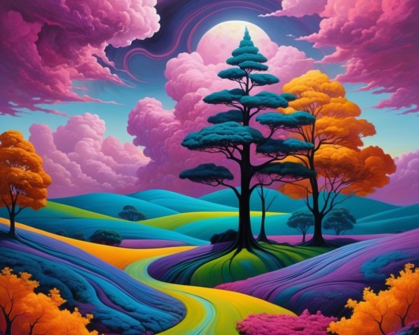 Surreal Landscape with Colorful Hills and Sky