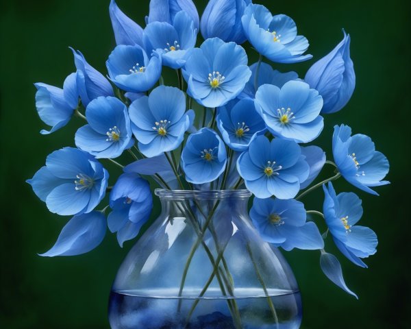 Blue Poppies in Glass Vase Against Dark Green Background