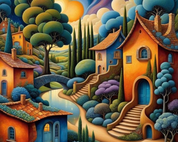 Whimsical Landscape with Colorful Houses and River