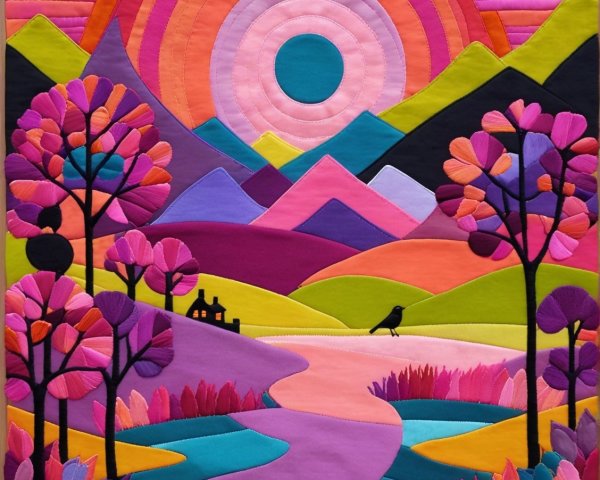 Vibrant Landscape Quilt with Colorful Nature Elements