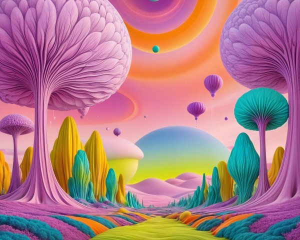 Surreal landscape with whimsical trees and pastel skies
