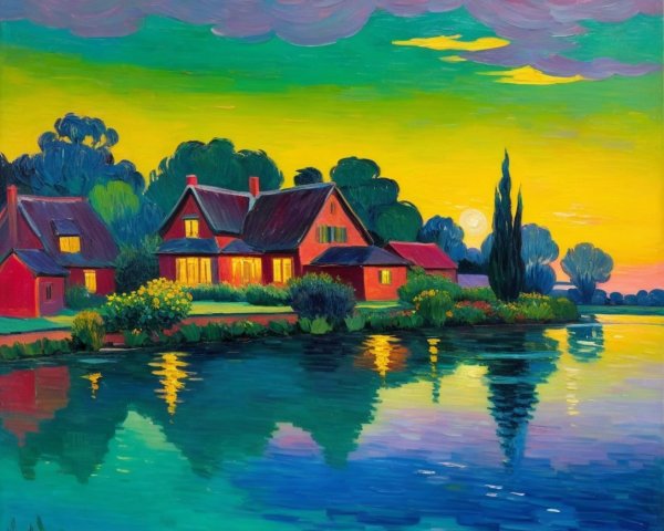 Tranquil Riverside Scene at Dusk with Vibrant Colors