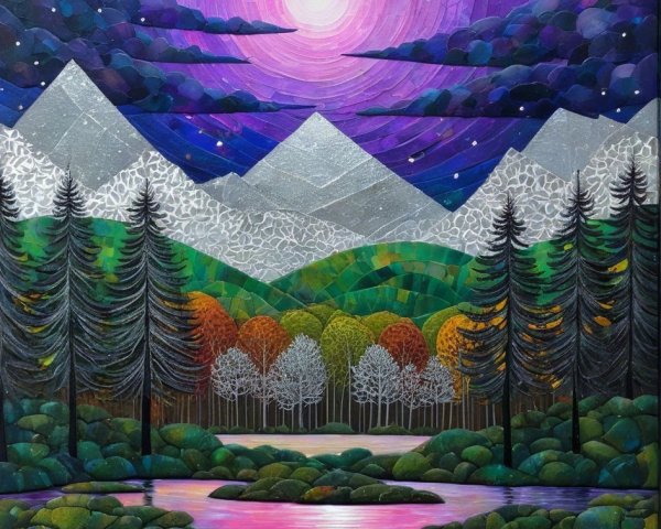 Majestic Mountains and Serene Pond Under Night Sky