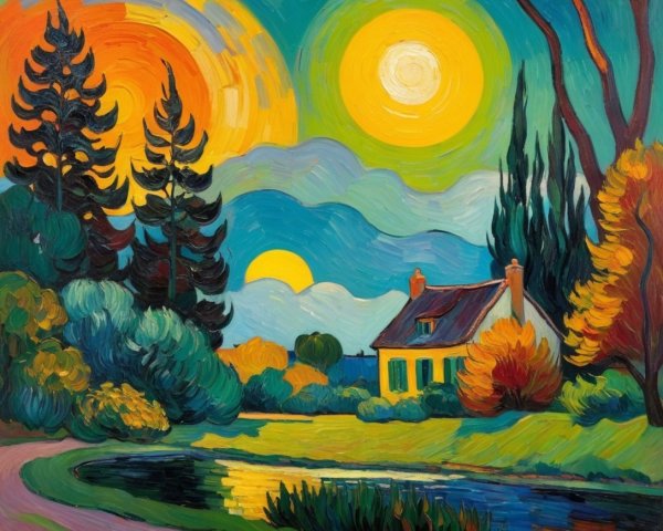 Vibrant Landscape with Two Suns and Cozy Cottage