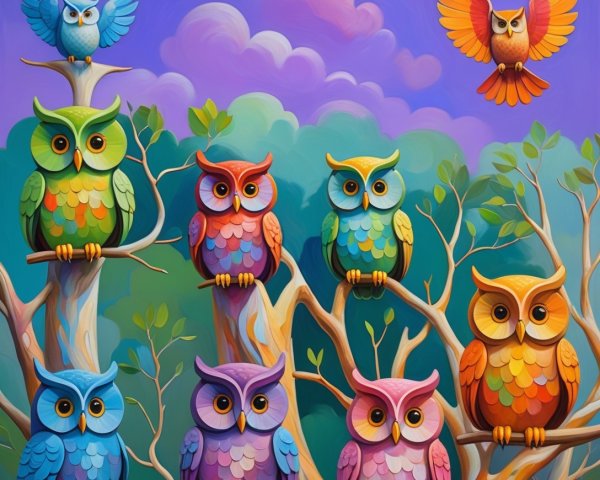 Colorful Illustration of Whimsical Owls in Purple Sky