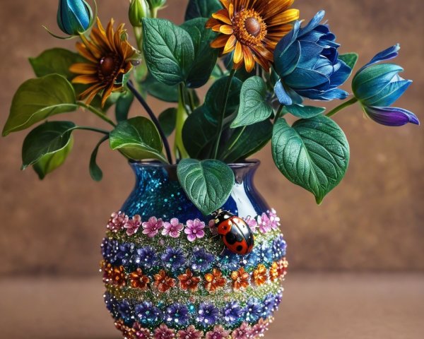Vibrant vase with beadwork and flower arrangement