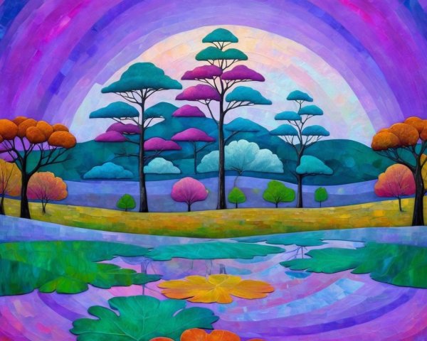 Vibrant Landscape with Colorful Trees and Water Reflection