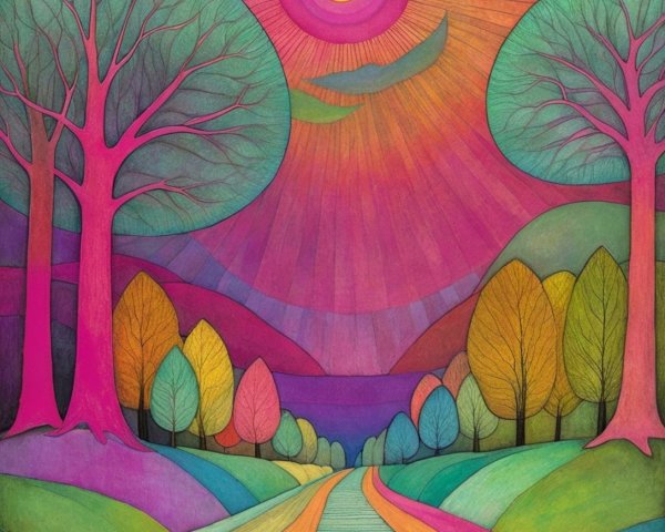 Colorful Landscape with Pink Trees and Rolling Hills