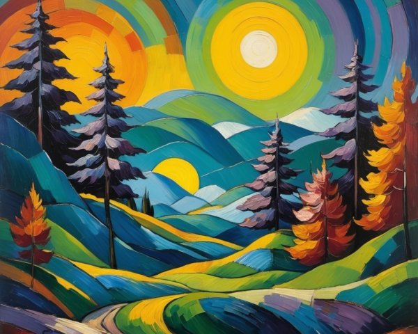 Vibrant Landscape with Rolling Hills and Colorful Suns