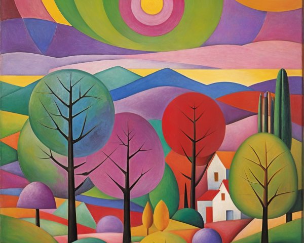 Abstract Landscape with Colorful Geometric Trees