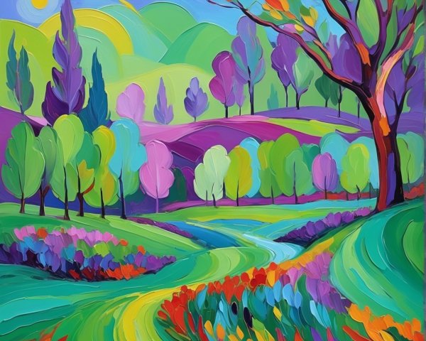Vibrant Impressionistic Landscape with Colorful Hills