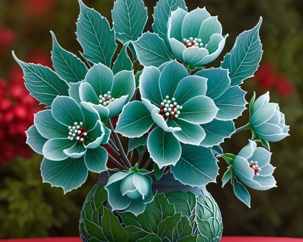 Frosty Blue-Green Christmas Roses in Decorative Vase