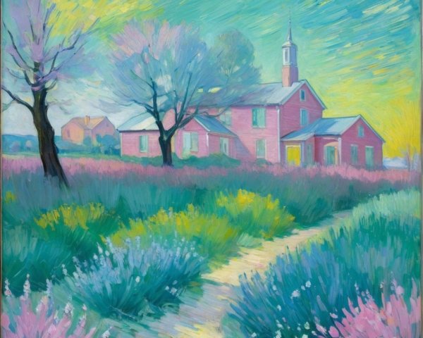 Vibrant Landscape with Pink House and Blooming Fields