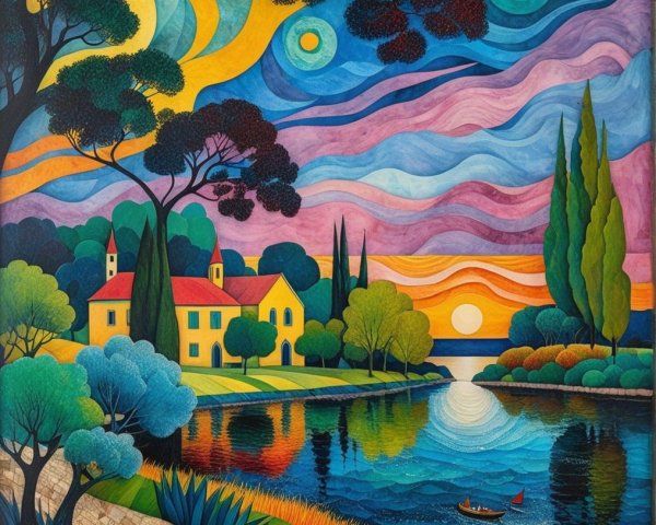 Vibrant landscape with river, house, and colorful sky