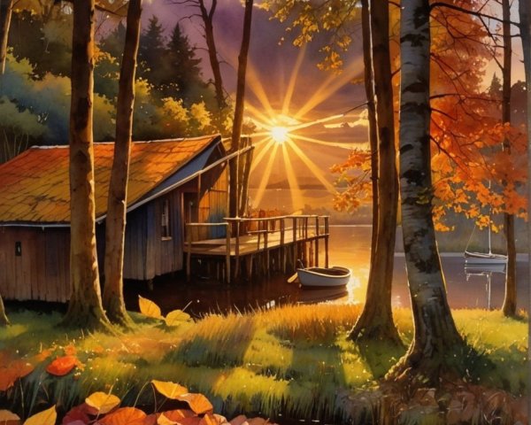 Lakeside Sunset with Cabin and Autumn Leaves