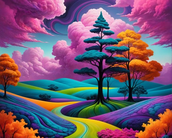 Surreal Landscape with Colorful Hills and Trees