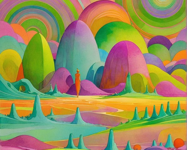 Surreal Landscape with Colorful Hills and Sky