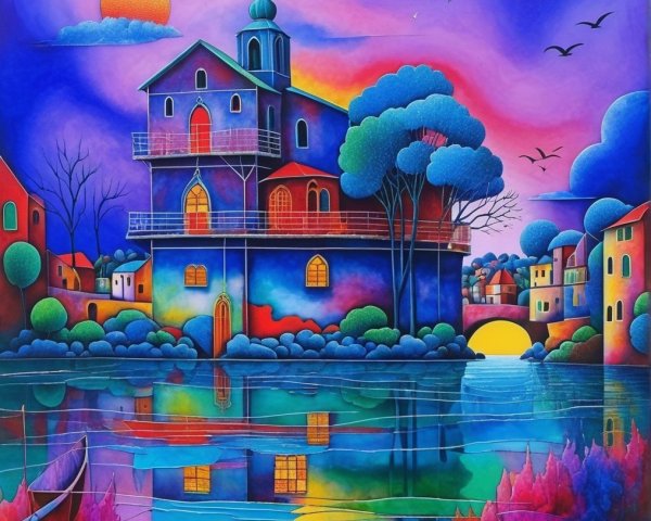 Whimsical House by Serene Lake at Sunset