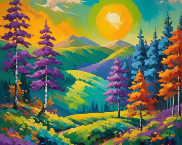 Vibrant Landscape with Colorful Trees and Hills