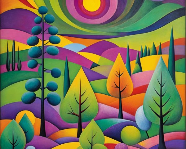 Vibrant Landscape with Colorful Hills and Trees