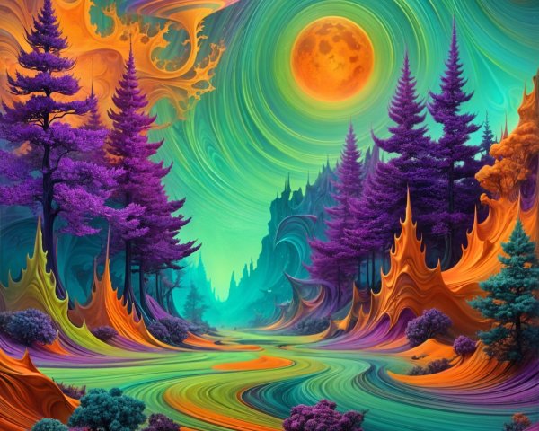 Surreal Landscape with Vibrant Colors and Moonlit Sky
