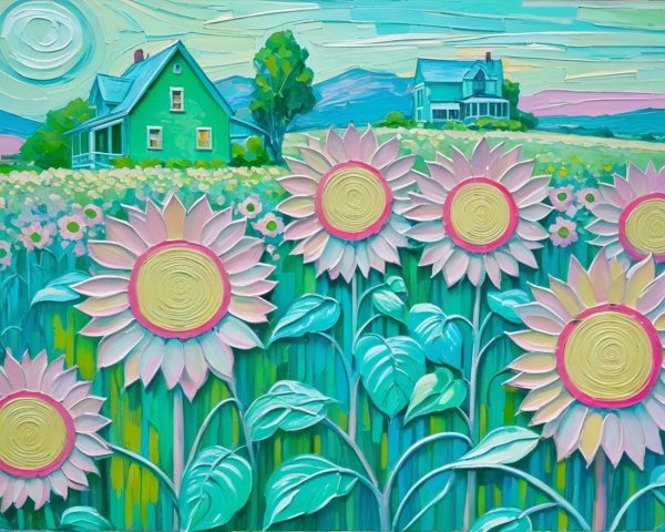 Vibrant Landscape with Pink Sunflowers and Greenhouses