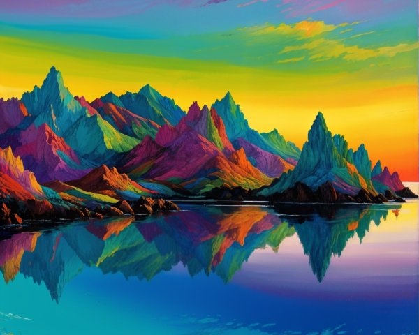 Vibrant Landscape Painting of Dramatic Mountain Peaks