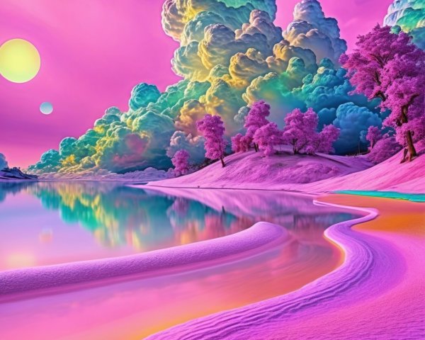 Surreal Landscape with Vibrant Sky and Tranquil Lake