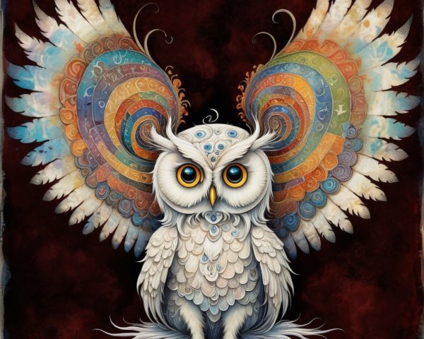 Whimsical Owl with Colorful Feathers and Patterns