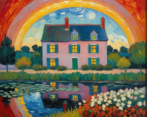 Charming Pink House Under Vibrant Sky and Pond