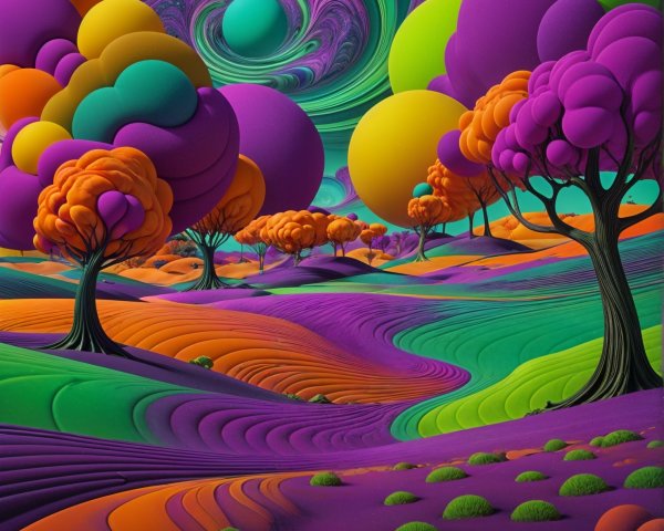 Surreal Vibrant Landscape with Whimsical Trees