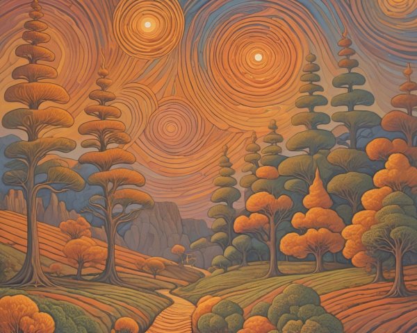 Vibrant Landscape with Orange Skies and Whimsical Trees