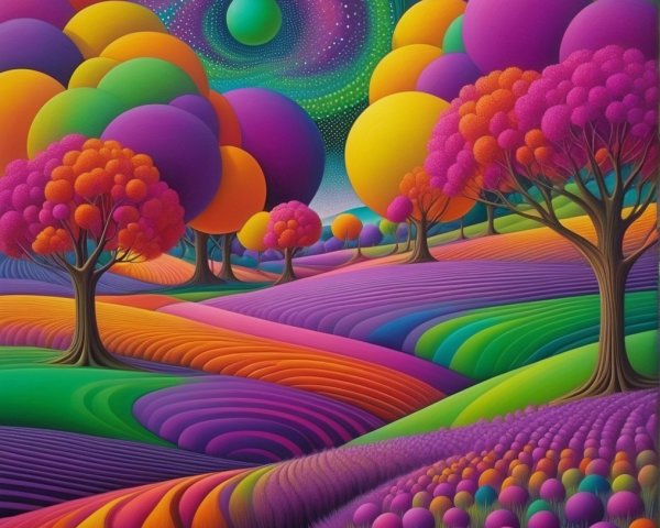 Vibrant Landscape with Whimsical Trees and Cosmic Sky