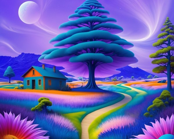 Vibrant Landscape with Whimsical House and Tree