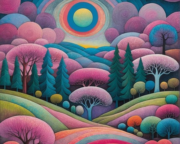 Vibrant Whimsical Landscape with Colorful Elements