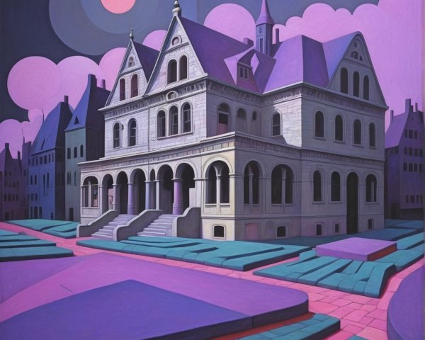 Ornate mansion illustration with vibrant surreal backdrop