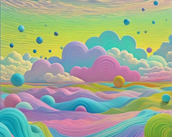 Surreal Landscape with Pastel Colors and Floating Spheres