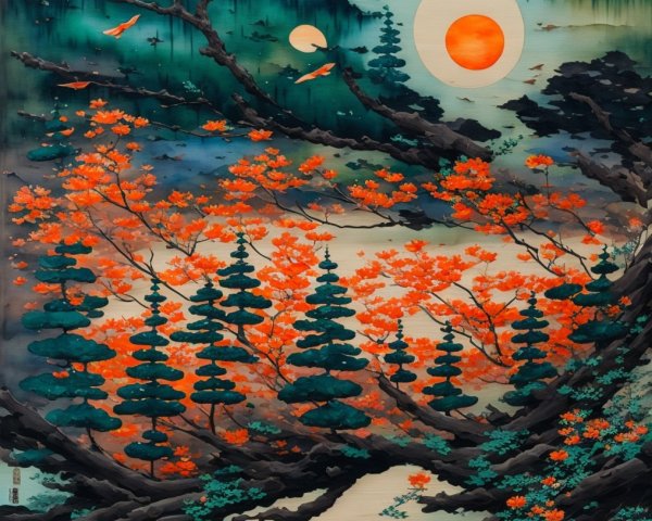 Vibrant Autumn Landscape with Misty Mountains and Stream