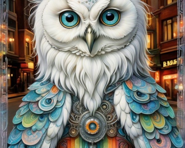 Fantastical owl on a cobblestone street at night
