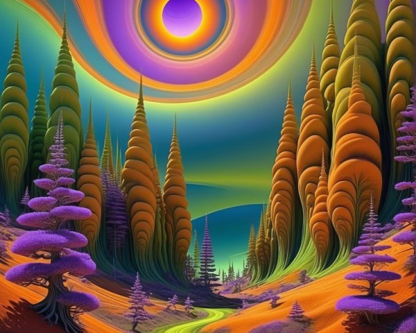 Surreal Landscape with Vibrant Colors and Trees