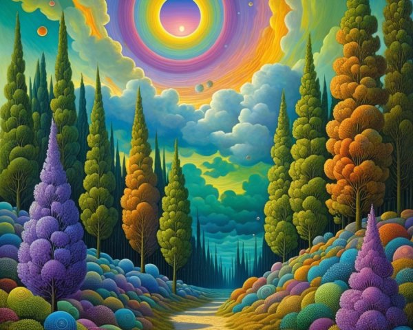 Vibrant Landscape with Winding Path and Cosmic Sky