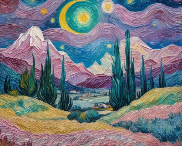 Vibrant Landscape with Swirling Skies and Mountains