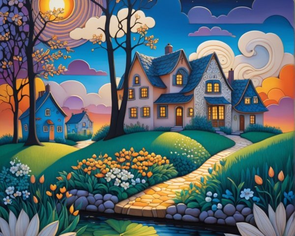 Whimsical Landscape with Colorful Houses and Nature