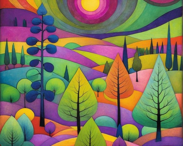 Vibrant Landscape with Stylized Trees and Hills