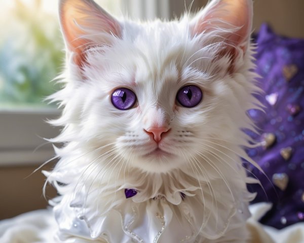 Fluffy White Kitten with Purple Eyes and Regal Collar