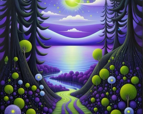 Surreal Landscape with River, Trees, and Colorful Spheres